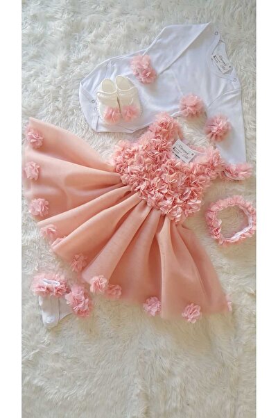 GOLD TEKSTİL Pudra Bebek Abiye Pudra Kız Çocuk Elbise Bayramlık Bebek Elbises...