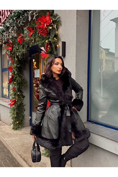 ADAMODA.RO Jachetă lungă din piele ecologică cu blană artificială