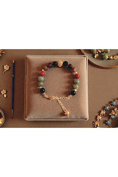 OEM Kadın Bileklik 8mm Doğal Taş ve 18 Ayar Altın Kaplama, Tibet Akik, Onix, ...