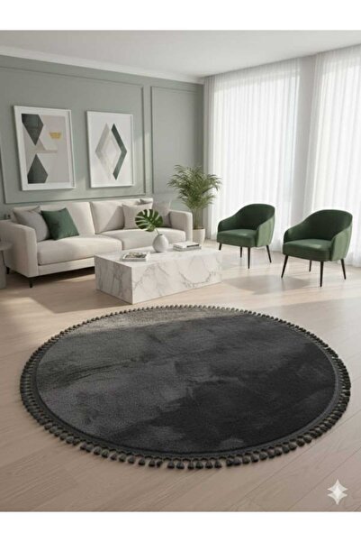 ALTUN CARPET MODERN ANTİRASİT YUVARLAK  PONPON SAÇAKLI POST PELÜŞ KAYMAZ TABA...