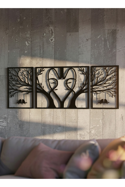 MEC DEKORASYON Dekoratif Agaç Kalp Kus Figürlü Ahşap Duvar Tablosu
