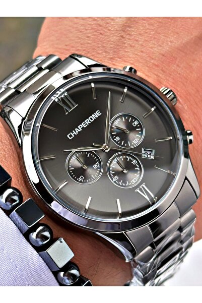 Chaperone Füme Renk Fonksiyonlu Çelik Kordon Erkek Kol Saati + BİLEKLİK HEDİY...