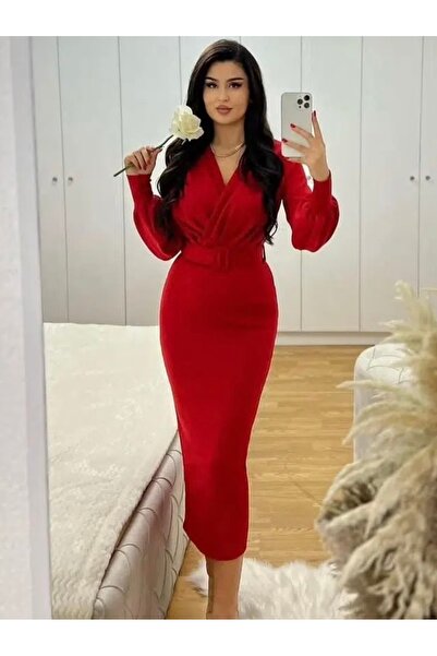 modakyra Rochie de damă, roșie, cu mânecă cu balon, cu guler dublu, detaliată, cu centură