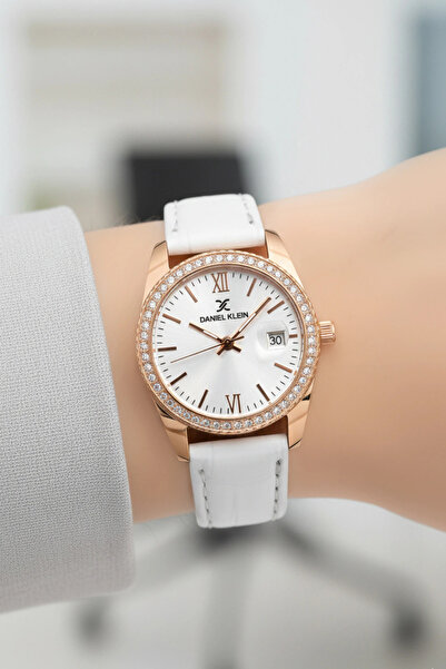 Daniel Klein Deri Kordon Çelik Kasa Kadın Kol Saati+Bileklik Hediyeli Beyaz-Rose sddk107