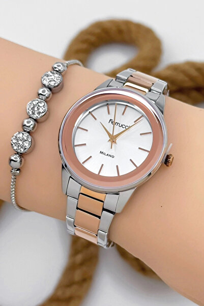 Ferrucci ساعة يد نسائية أنيقة أصلية - سوار وحافظة من الفولاذ، فضي-ذهبي وردي
