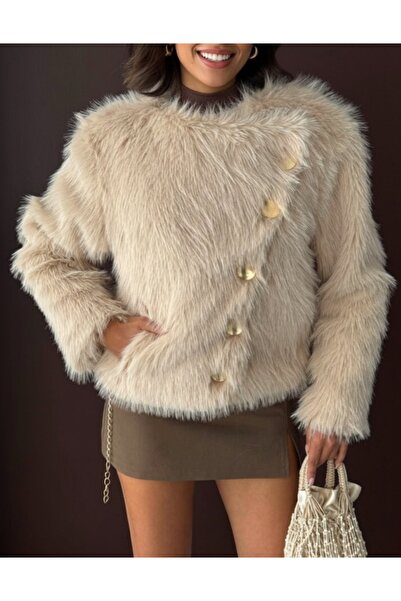 Vivessa Tavşan Tüyü Detaylı Düğmeli Kaban