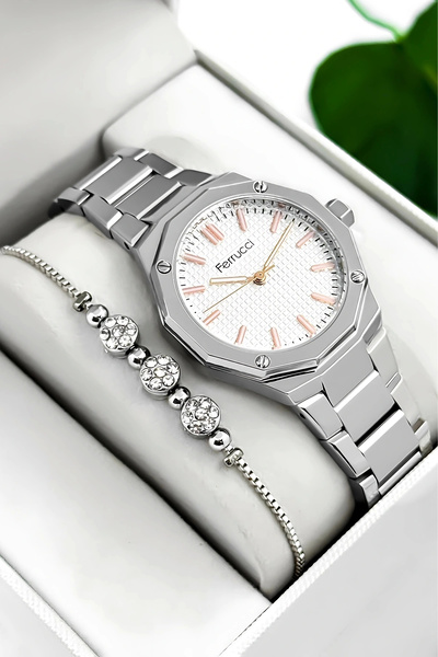 Ferrucci ساعة يد نسائية بسوار وعلبة من الفولاذ، مقاومة للماء حتى 3 ضغط جوي، ف...