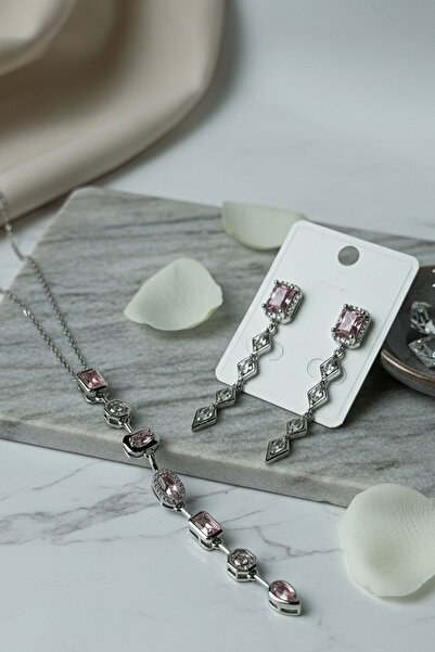 Birmem Kadın Gümüş Rengi Pembe Geometrik Taşlı Kolye Küpe Abiye Çelik Takı Seti