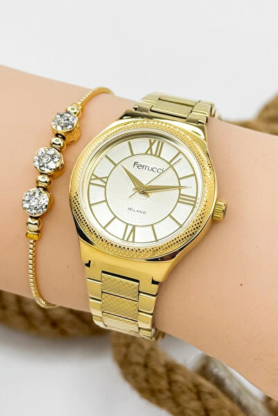 Ferrucci ساعة يد نسائية باللون الذهبي وحزام فولاذي وحافظة فولاذية باللون الذه...