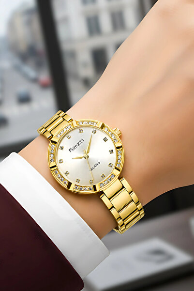 Ferrucci Steel Cord Stone Case Women Wrist Watch Gold Sdfer183