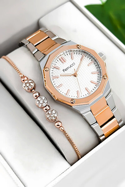 Ferrucci ساعة يد نسائية بسوار وعلبة من الفولاذ، مقاومة للماء حتى 3 ضغط جوي، ف...