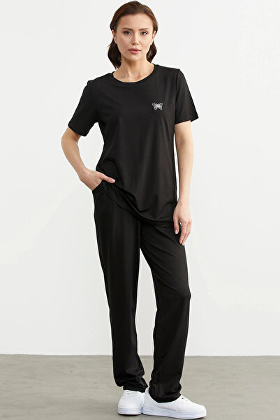 Sementa Black Embroidered Combed Cotton Pants Set