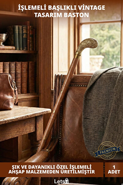 Letsii Ahşap Saplı Pirinç Baston Şık ve Dayanıklı Dekoratif İşlemeli Baston
