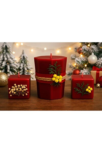 FLEX COMPANY Noel Elegance | El Yapımı Yılbaşı Temalı Dekoratif Silindir Mum 3lü