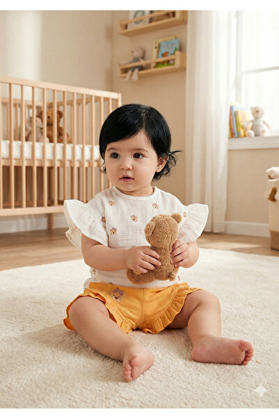 Mini Baray Ayıcıklı Müslin Kız Bebek Şortlu Takımı Seti %100 Pamuk