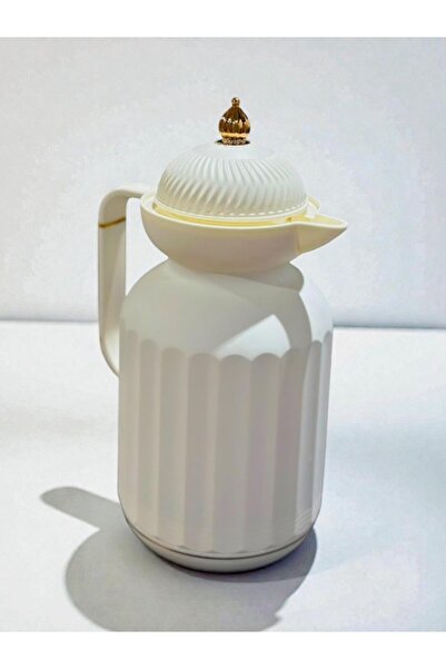 WDA قارورة حرارية معزولة بمقبض، تصميم أبيض مضلع، غطاء ذهبي، سعة 1 لتر