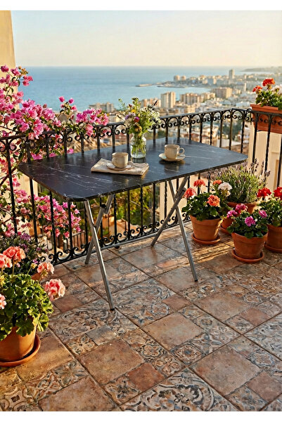 Alesta Life Siyah Mermer Desenli Katlanabilir Masa 70x110 Cm