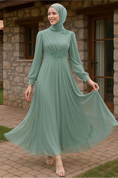 TRENDTESETTÜR KADIN YEŞİL (MİNT) NAKIŞLI TÜLLÜ ABİYE ELBİSE 33110