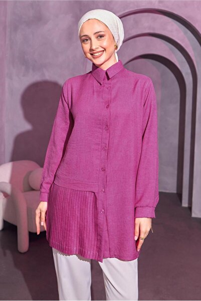 TRENDTESETTÜR KADIN FUŞYA PİLİSE DETAYLI GÖMLEK TUNİK T 8214