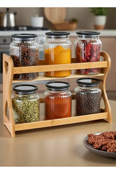 ALQANNAS 6-piece glass spice container, two-tiered, with a sturdy wooden stand.