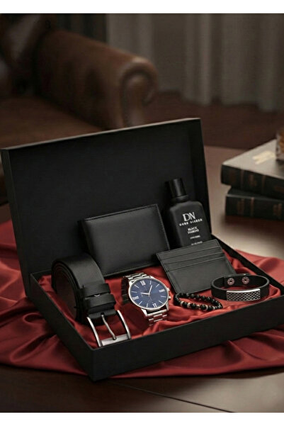Duke Nickle Erkek Saat Takı Parfüm Kemer Kartlık Ve Cüzdan Çeyiz Seti - Hediyelik Vegan Deri Kutulu