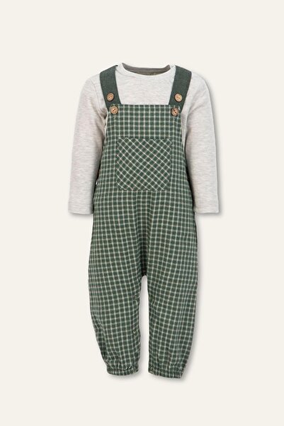 Mininio Erkek Bebek Ekose Desen Salopet ve T-shirt Takım - Haki