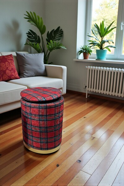 Arte Cotone Bordo Ekose Desen Kadife Kumaş Dekoratif Silindir Sandık Koltuk P...