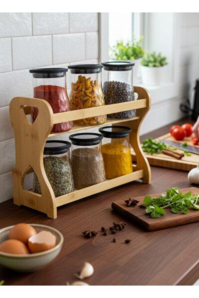 ALQANNAS 6-piece glass spice container, two-tiered, with a sturdy wooden stand.