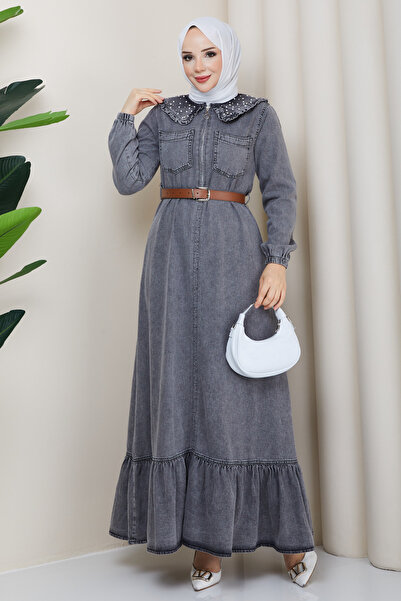 Hb Harma Time Butik Women's Stone Detailed Zippered Belted Hijab Jeans Gray Dress