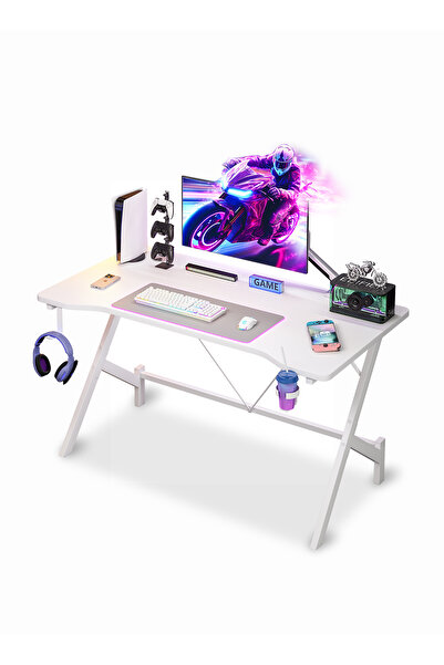 Bojasmiial مكتب ألعاب مريح مع خطاف سماعة رأس وحامل أكواب، سهل التركيب للاعبين والطلاب