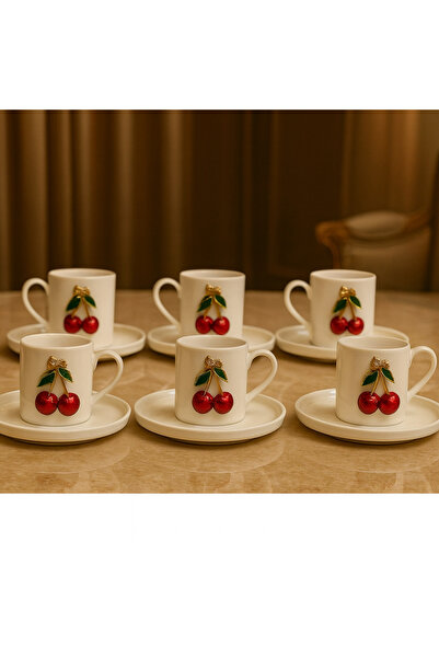 YzHome طقم فناجين قهوة من الخزف الأبيض بتصميم الكرز مكون من 6 قطع