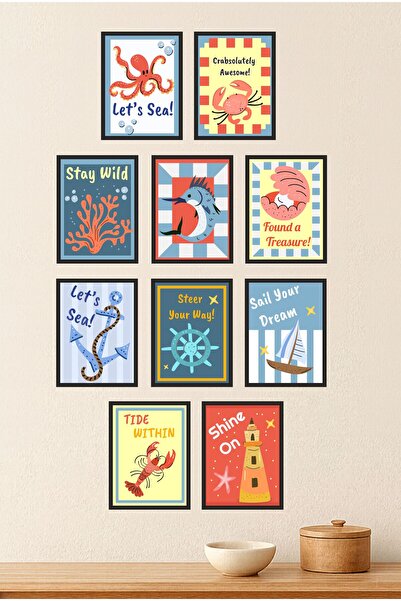 UNT Deniz Temalı 10’lu Dekoratif Tablo Seti – MDF Çerçeve Görünümlü – Modern Duvar Dekoru