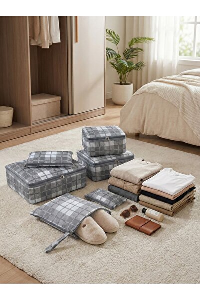 NACAREV Set de 6 valize și valize cu model în carouri gri - Geantă de călător...