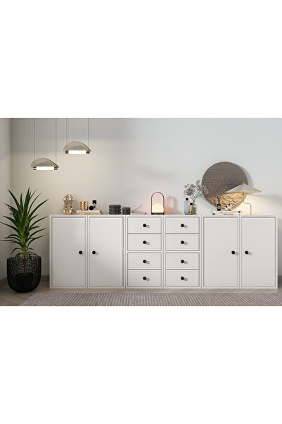 Nettrends Dört Kapaklı Sekiz Çekmeceli Raflı Beyaz Konsol Çıtasız Kns-1208-ç
