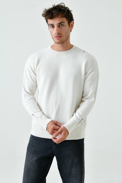 Duuf Ekru Erkek Bisiklet Yaka Oversize Yırtık Detaylı