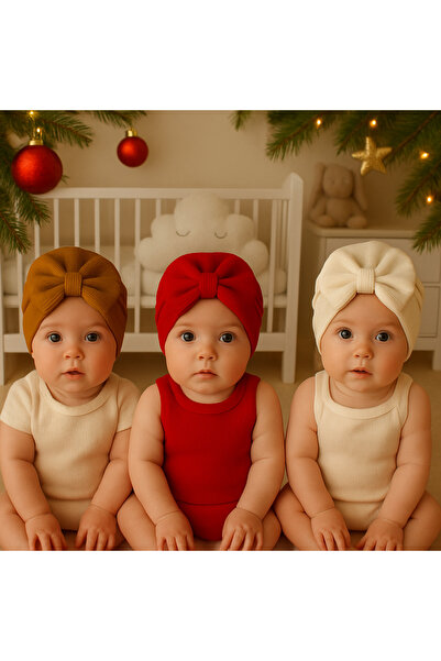 Pico Baby Fiyonklu Bebek Bone 3'lü Set-Kahverengi/Kırmızı/Beyaz