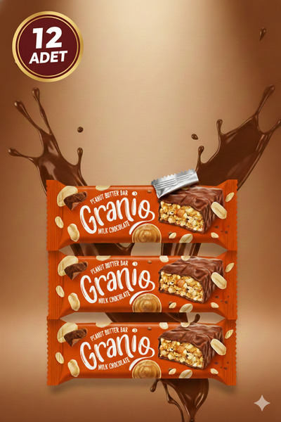 GRANIO Fıstıklı ve Fıstık Ezmeli Sütlü Çikolata Kaplamalı Bar 40 gr X 12 Adet