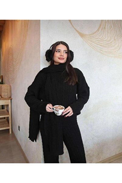 DAĞON'S طقم تريكو نسائي من ثلاث قطع من DGN'S مع وشاح مضفر للشعر، أسود-إكرو-بن...