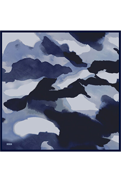 Aker Eșarfă din satin crep de mătase, albastru marin, cu model tip pensulă