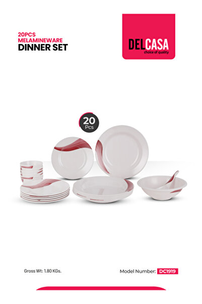 DELCASA طقم عشاء ميلامين من 20 قطعة أبيض/أحمر 45 سم