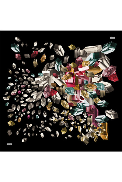 Aker Siyah Geometrik Desenli İpek Krep Saten Eşarp