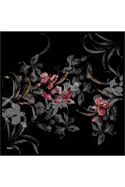 Aker Eșarfă din satin creponat de mătase cu model de flori negre