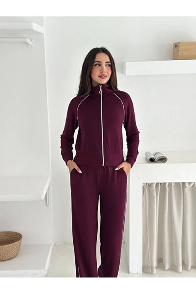 Velista Modal Fabric Striped Wide Leg Zippered Tracksuit Set