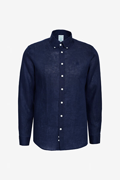 BROOKS BROTHERS Erkek Lacivert %100 Keten Düğmeli Yaka Slim Fit Gömlek
