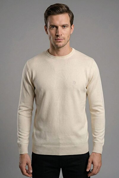 Sabri Özel Ekru Regular Fit Yün Karışımlı Bisiklet Yaka Kazak