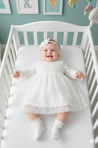 Miniday Baby Kız Bebek Mevlütlük Elbise Bandanalı Dantelli elb1067