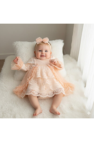 Miniday Baby فستان مولودة بناتي مزين بالدانتيل والباندانا