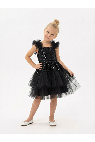 BUTİKHAPPYKİDS Rochie de seară pentru fete din tul cu bretele cu volane paiet...