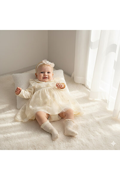 Miniday Baby Kız Bebek Mevlütlük Elbise Bandanalı Dantelli ELB1021