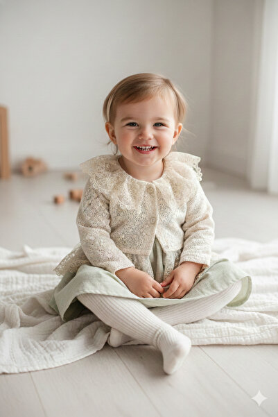 Baby Girl Green Jacket Dress Set with Lace Detail